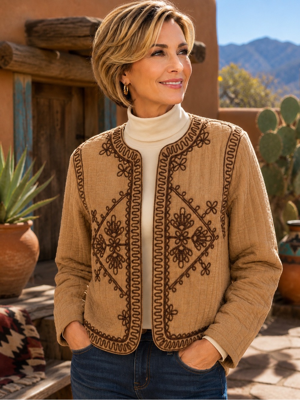 🆕❤️Embroidered Tan Quilted Jacket with Dark Brown Detailing